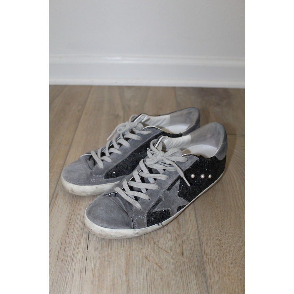 Golden Goose Super-Star Grey Suede Black Glitter Pearl Sneakers LTD 437/515 39